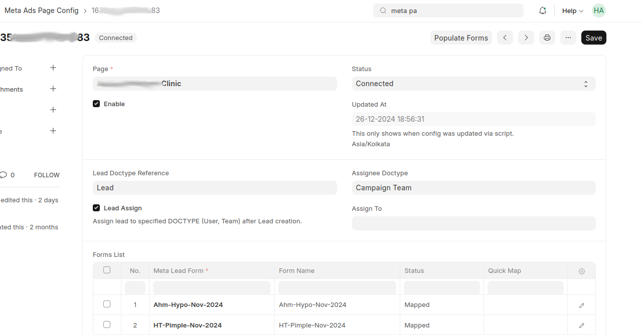 Meta Ads Page Config