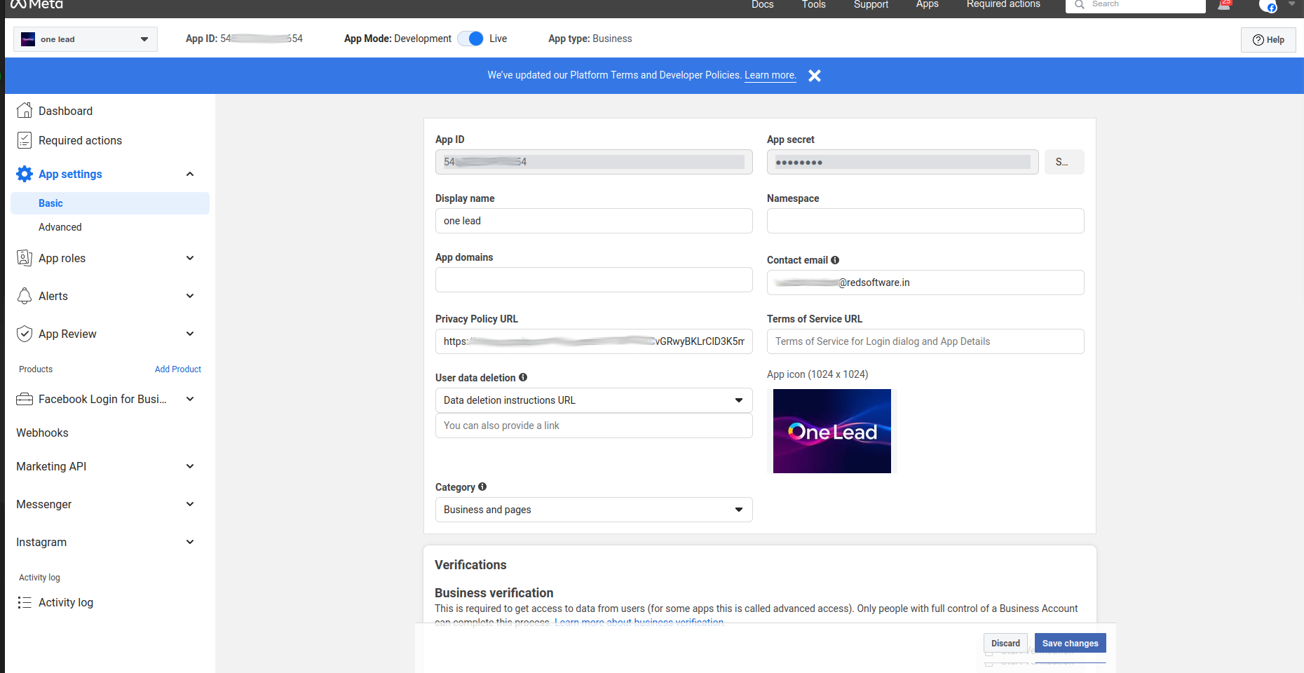 Meta App Basic Settings