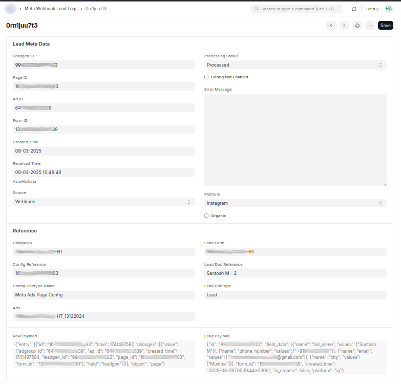 Meta Webhook Lead Log Detail