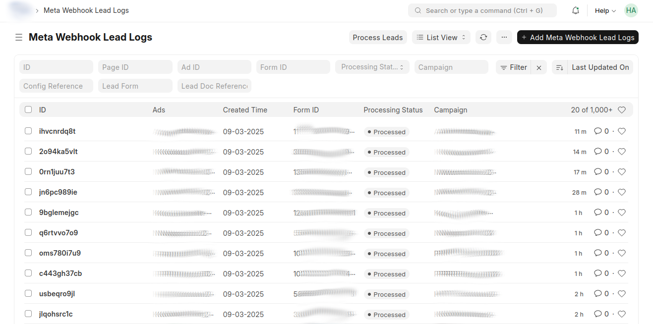 Disabled Leads in Webhook Logs
