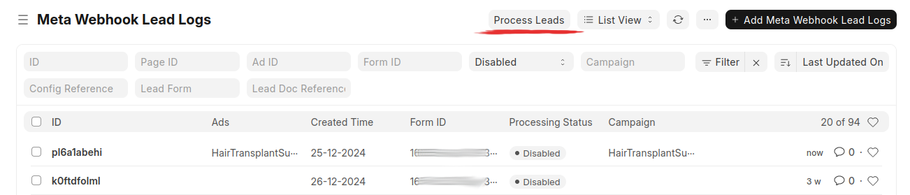 Process Leads in Webhook Logs